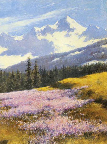 Stanislaw Witkiewicz Crocuses with snowy mountains in the background France oil painting art